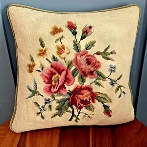 Vintage Needlepoint Pillow Roses Hummingbirds Wool Velvet 14x14 Floral Cottage